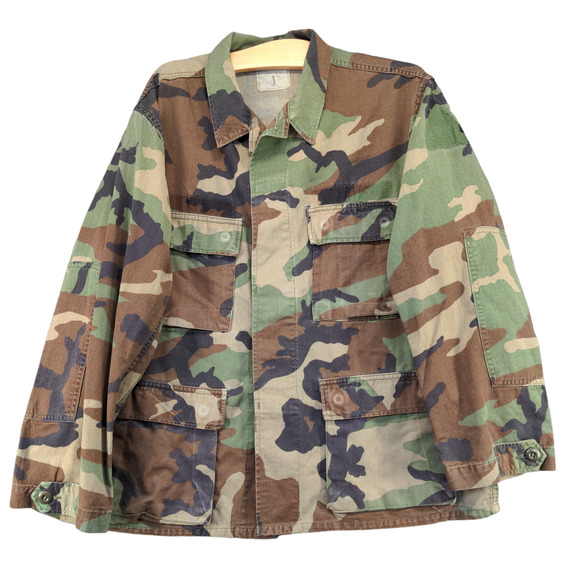 US Military Woodland Camo Shirt Green Brown Size L Button Up - Picture 1 of 10